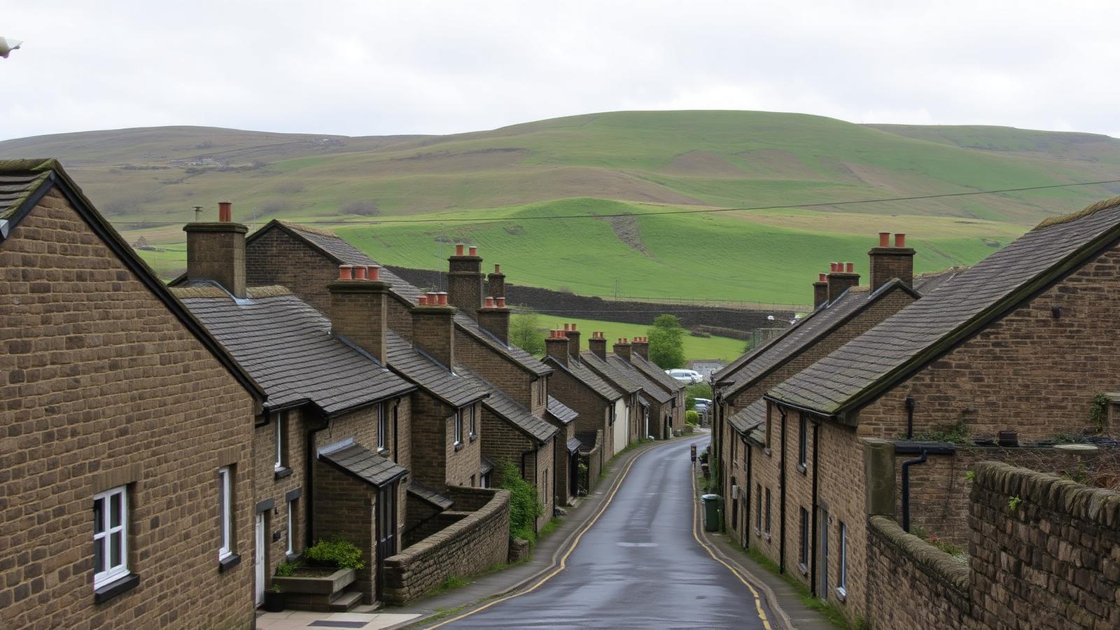 Stone terraced cottages climbing a hillside street in Shaw and Crompton with open Pennine moorland behind