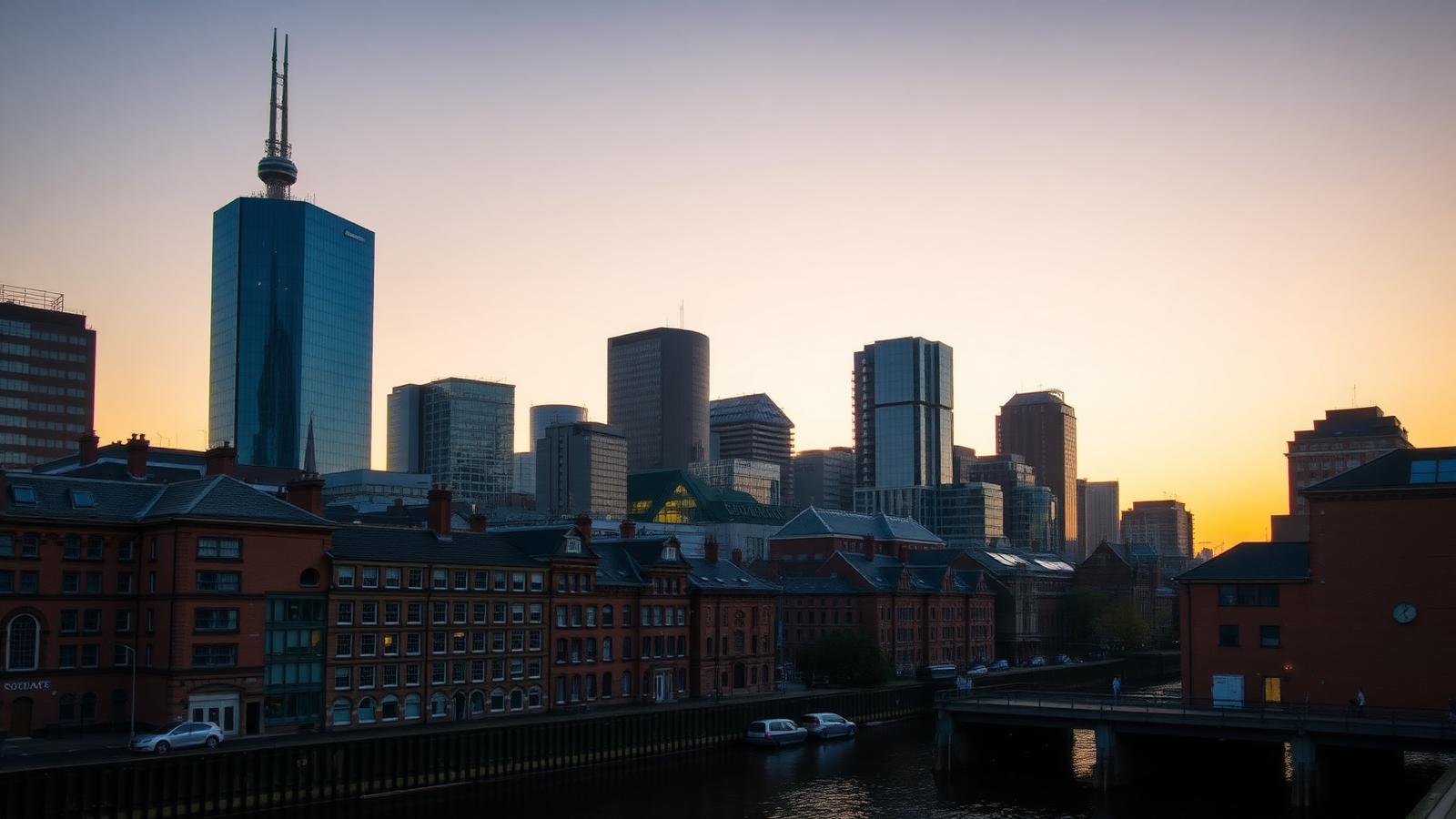 Manchester city skyline at dusk with Beetham Tower, modern glass high-rises and Victorian red-brick warehouses along the canal