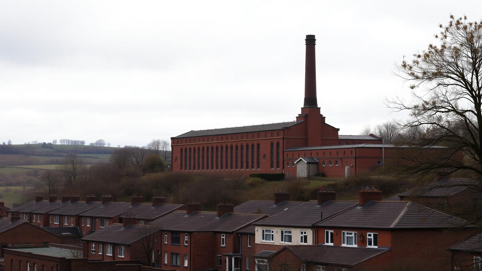 Victorian red-brick cotton mill above terraced houses in Oldham, Greater Manchester, with Pennine moorland in the distance