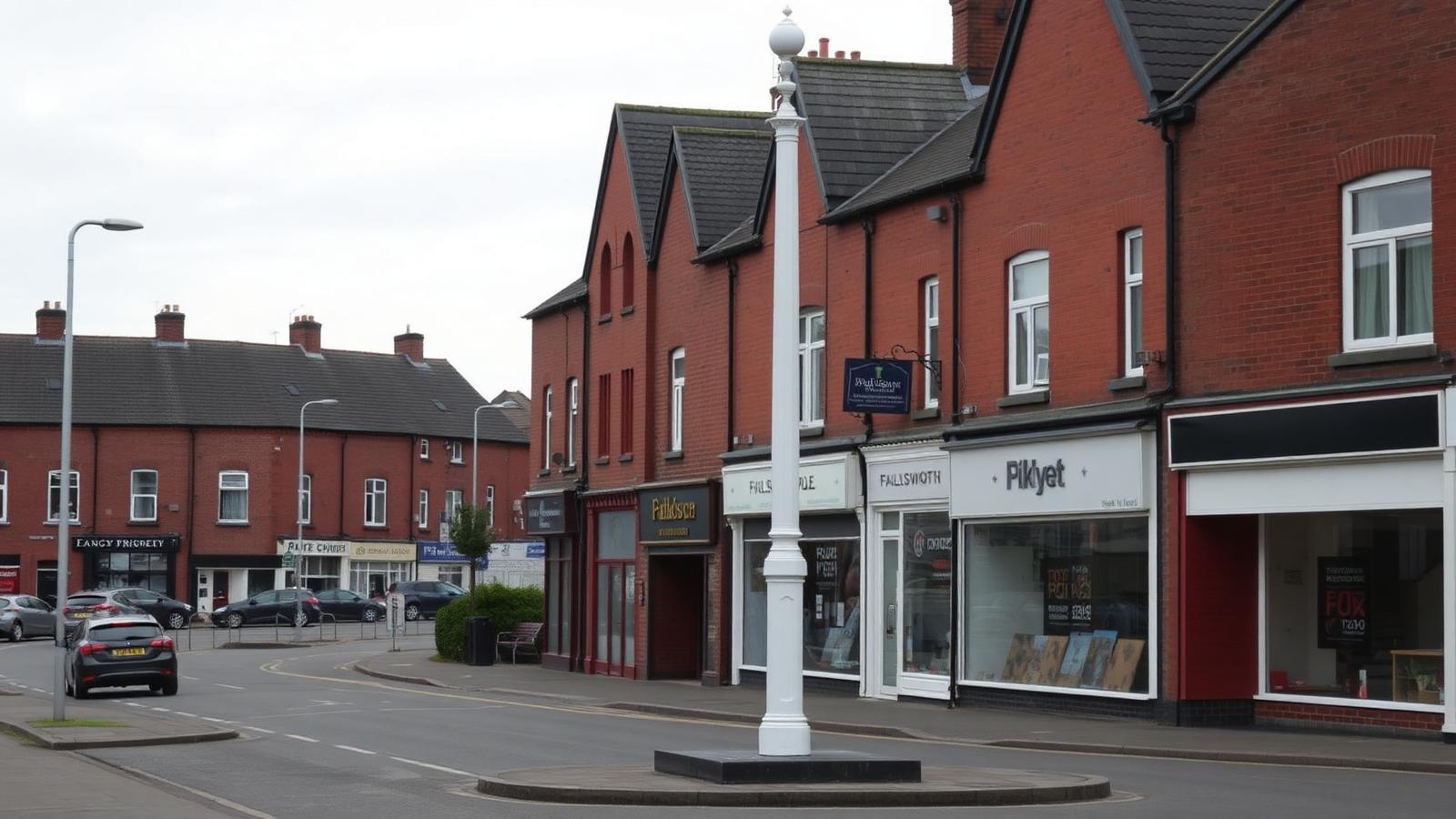 The tall white Failsworth Pole monument on a high street with red-brick shopfronts and terraced houses behind