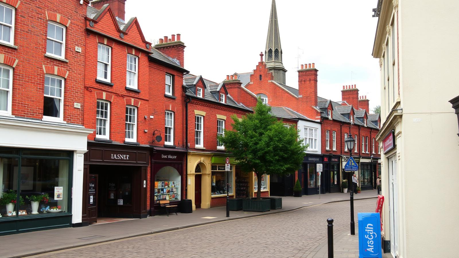 Red-brick market-town high street in Ashton-under-Lyne with parish church spire above period shopfronts