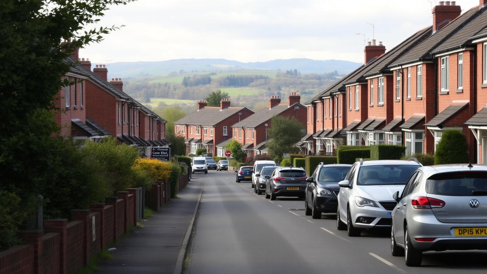 Suburban Royton street of red-brick semi-detached houses with parked cars and rolling Pennine hills in the distance